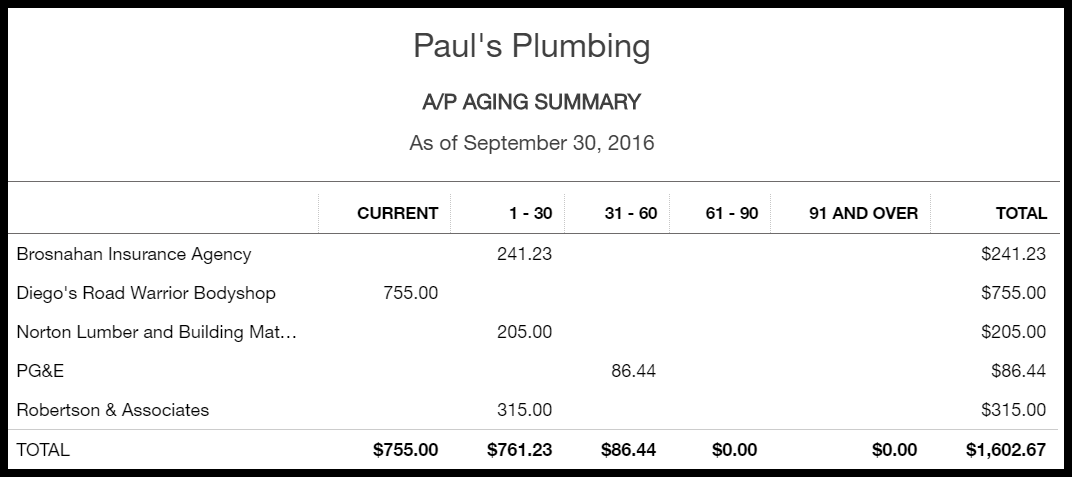 standard accounts payable catagories